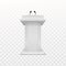Debate speaker podium. Realistic white tribune with microphone front view, pedestal for lecture, award ceremony, press