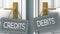 Debits or credits as a choice in life - pictured as words credits, debits on doors to show that credits and debits are different