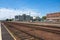 DEBRECEN, HUNGARY, MAY 12, 2016. City landscape view of train station of Debrecen, Hungary with railways going in to horizon