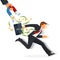 Debt collector man with money running away on vector illustration