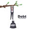 Debt conceptual. Businessman hanging on a branch with a big bag of debts