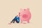 Debt and loan problem, financial mistake, povety or bankruptcy concept, depressed businessman sitting with broken piggy bank