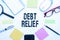 DEBT RELIEF text surrounded by school and office supplies