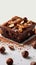 Decadent brownie slice adorned with hazelnuts, on pristine white canvas