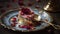 A decadent cheesecake slice with raspberry sauce and fresh berries generated by AI