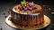 Decadent chocolate cake adorned with luscious fruits.