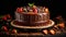 Decadent chocolate cake adorned with luscious fruits.