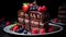 A decadent chocolate cake with layers of rich ganache and berries on top