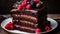 A decadent chocolate cake with layers of rich ganache and berries on top