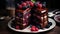 A decadent chocolate cake with layers of rich ganache and berries on top