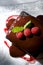 Decadent chocolate cake with raspberries