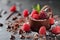 Decadent chocolate dessert with raspberries and chocolate chips on a table