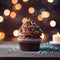 Decadent delight Chocolate cupcake on wooden table with heart bokeh