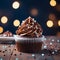 Decadent delight Chocolate cupcake on wooden table with heart bokeh