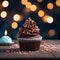 Decadent delight Chocolate cupcake on wooden table with heart bokeh