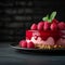 Decadent delight Raspberry Cheesecake on dark background with text space