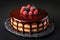 Decadent dessert Boston Cream Pie on dark background, text space