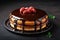 Decadent dessert Boston Cream Pie on dark background, text space