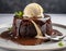 A decadent molten chocolate lava cake, with the center oozing with rich chocolate sauce