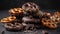 A decadent stack of homemade chocolate donuts on a wooden plate generated by AI