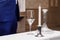 Decanter, wine glass, candle for wine tasting