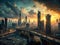 A decaying cyberpunk megacity skyline at dusk