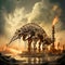 Decaying dinosaur fossil against dramatic fiery flares from oil refinery stacks, showing the historical cycle from organic life to