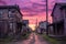 decaying wooden houses under a purple sky