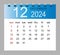 December 2024. Vector monthly calendar template 2024 year in simple style for template design