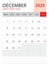 December 2025, Calendar 2025 template vector on red background, week start on monday, Desk calendar 2025 year, Wall calendar