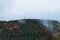 Deciduous and coniferous forest on the hill disappears in the autumn fog, wind mills