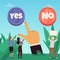 Decision making concept with people convincing to choose between yes and no button, flat vector illustration.