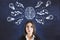 Decision and thinking concept with businesswoman in front of blackboard with chalk sketch of human brain parts, lightning strike