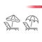 Deck chair, lounge or sun bed with beach umbrella thin line icon.