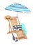 Deck chair, umbrella and other beach accessories isolated on white