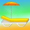 Deck chair under an umbrella on sandy beach. Comic book style imitation. Vintage retro style. Conceptual object