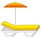 Deck chair under an umbrella on sandy beach. Object on a white background. Vintage retro style. Conceptual object