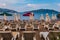 deck chairs under umbrella on resort beach sea view Marmaris, Turkey