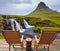 Deck chairs on the wooden floor waiting for tourists