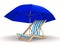 Deckchair and parasol on white background