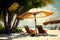 Deckchair with an umbrella on a tropical beach with palm trees near the sea or ocean for relaxation. AI generated