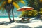 Deckchair with an umbrella on a tropical beach with palm trees near the sea or ocean for relaxation. AI generated.