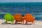 Deckchairs at a beach at Caye Caulker island, Beli