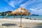 Deckchairs and parasol tropical beach sea landscape, romantic paradise