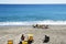 Deckchairs on Sand and Shingle Beach, Savona, Liguria, Italy