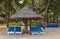 Deckchairs tropical sand beach Palm trees at tropical coast.