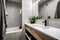 decluttered bathroom with white tiles, sleek fixtures, and minimalist decor