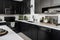 decluttered kitchen with sleek black appliances, white countertops, and glass mixing bowls