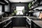 decluttered kitchen with sleek black appliances, white countertops, and glass mixing bowls