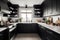 decluttered kitchen with sleek black appliances, white countertops, and glass mixing bowls